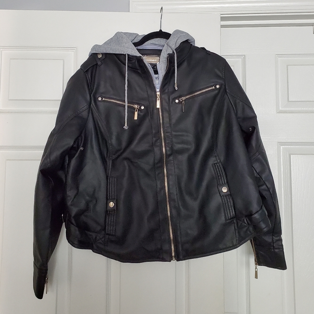 NWOT JouJou Black Pleather Moto Jacket with Removable Hood